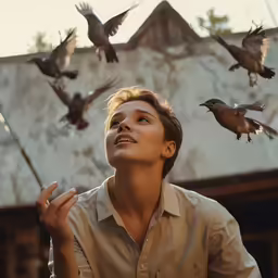 woman looking up at birds flying overhead