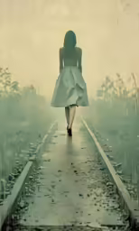 a woman walking down train tracks with her back to the camera