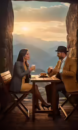 two people sitting at a table eating together