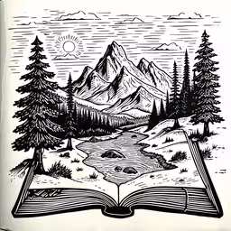a book sitting on top of a table,a black and white drawing of a book opened