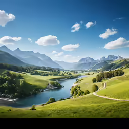 a beautiful green valley with trees and water