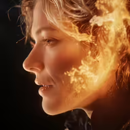 a woman standing behind a fire with her eyes closed