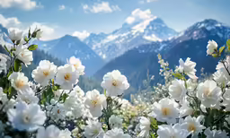 a field with a bunch of flowers sitting next to a mountain