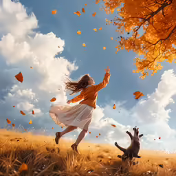 a girl in a white dress playing with a cat