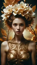 a girl in gold and white is wearing flowers on her head