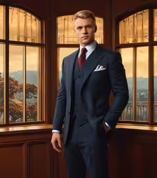 a man standing in a room wearing a suit,a well dressed young man poses in front of two windows