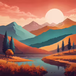 painting of mountains in a sunset with trees on the bank and stream running under,a large painting of a mountain range near a river