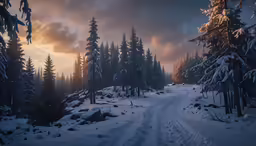 a pathway in a snowy wilderness surrounded by trees