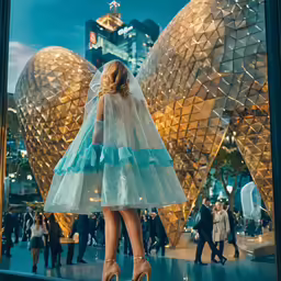 the woman is standing next to the large window