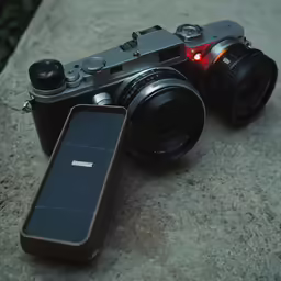 the camera is sitting on top of a stone surface