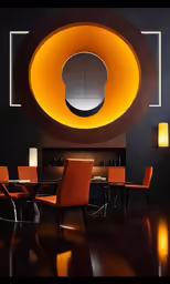a large circular object hanging in a dark dining room