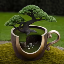 a miniature garden in a mug made to look like a bonsai tree