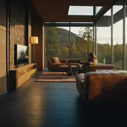 a woman is sitting on a couch in a living room looking out into the woods
