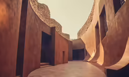 a walkway made of cement that has an arch at the end