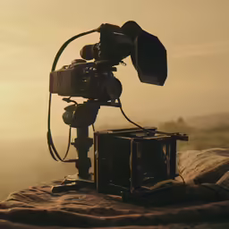 a film camera next to an old television set