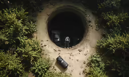 two men are standing in the entrance to a cave