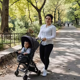 a woman pulling her baby in a stroller