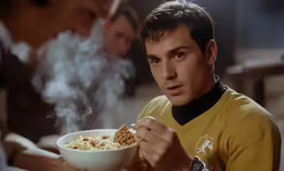the man is watching something out of his bowl