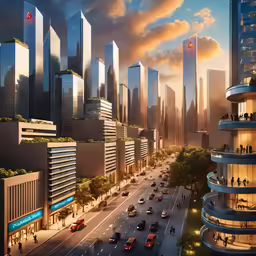 a painting of city skyscrapers in the evening