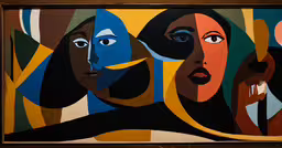 a painting that is hanging on the wall,a painting of two women with blue eyes and multiple frames of faces