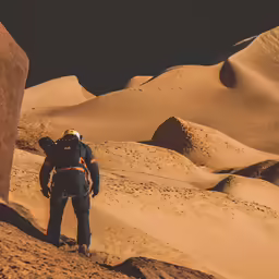 there is a person walking uphill on sand dunes