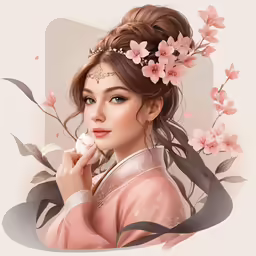 a girl in chinese style is holding a flower in her hair