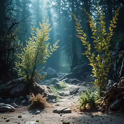 plants, rocks and stones create a woodland setting