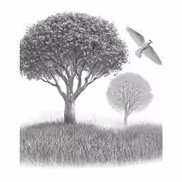 a bird flies over some trees in the grass