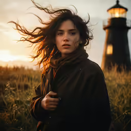 a woman standing in a field with a lighthouse behind her
