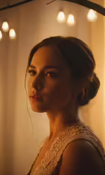 a young woman looking into the camera in front of white lights