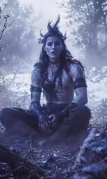 a man with horns and horns sitting in the woods