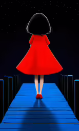 a person walks along the blue ramp with a dark sky in the background