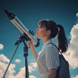 a girl looking up at the sky with a telescope