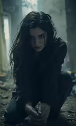 a woman crouched down and posing for the camera