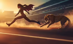 a girl is running behind a cat on a street