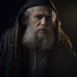 a man with a long white beard in a dark jacket