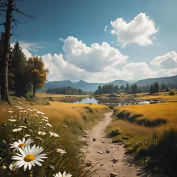 the dirt road is surrounded by wildflowers and tall grass