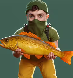 a man in yellow pants holding a yellow fish,a man is holding a big fish with a man in a face mask