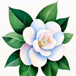 white flower with green leaves and a white background