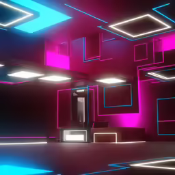 a room with fluorescent colored lights and furniture