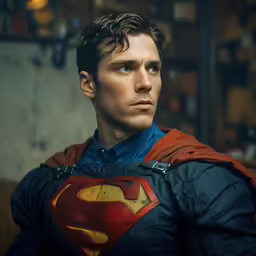 a man dressed in superman costume poses for a picture