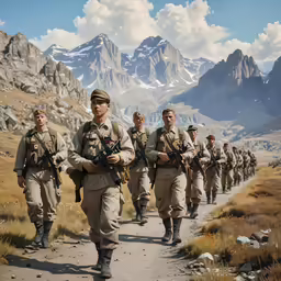 several soldiers walking down a path together