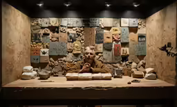 a man sitting at a table with food and some lights