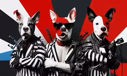a couple of dogs wearing clothes and glasses standing next to each other