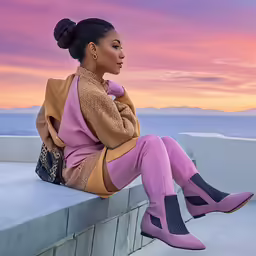 a woman wearing purple is sitting on a wall