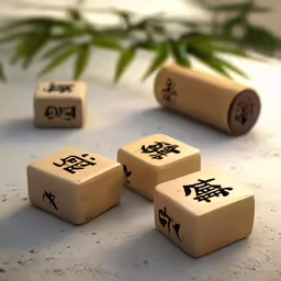 four dices with writing are arranged near a bamboo plant