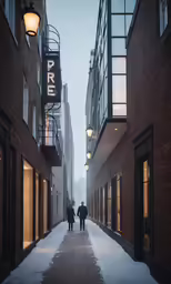 two people walking on a snowy street near tall buildings