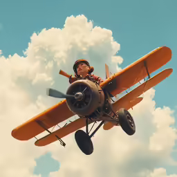 a boy in a plane flying under a cloud filled sky