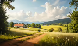 a house in a field surrounded by grass