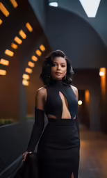 a woman in a black gown with a deep cut
